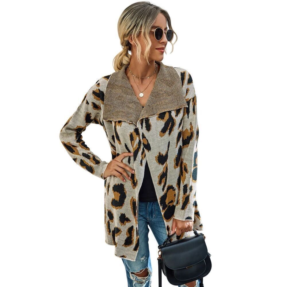 Leopard Print Waterfall Collar Open Front Cardigan Sweater Women’s Large